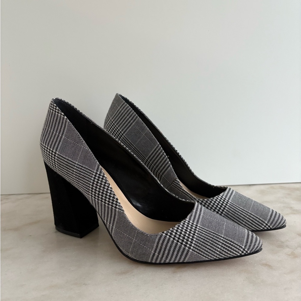 Vince Camuto Black and White Plaid Heels